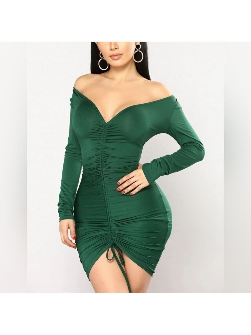 Fashion Nova Guangzhou Ruched Stretch Bodycon Long Sleeve Mini Dress in Hunter